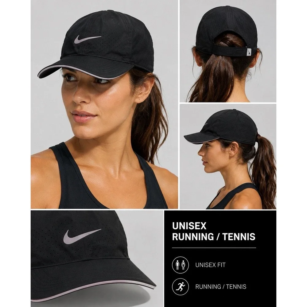 Nike Featherlight Hat Cap Tennis Running Black & White Adjustable Strap Back
